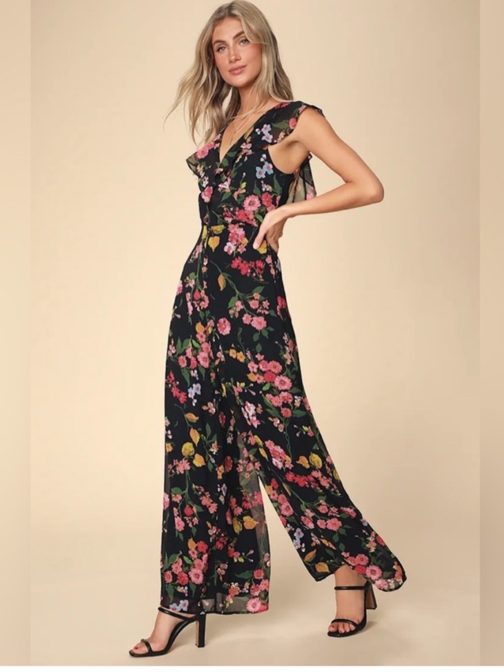 Lulu's Black Floral Wide Leg Jumpsuit
